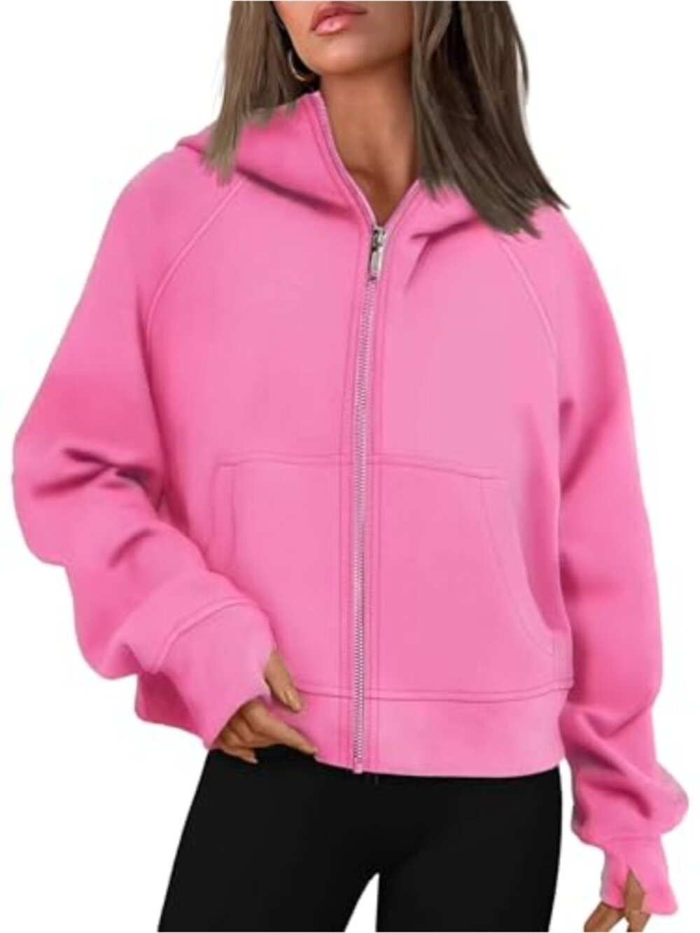 Womens Full Zip Up Fleece Lined Crop Hoodie Thumb Hole Workout Sweatshirt